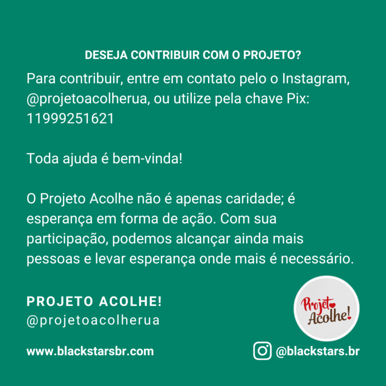 Uma Corrente de Solidariedade O Projeto Acolhe, localizado na Zona Norte de São Paulo-SP e conta com a participação do líder BlackStars Vinicius Matos de Assis @negricius é uma ação entre amigos que busca aliviar o sofrimento das pessoas em situação de rua. Com empatia e solidariedade no coração, eles distribuem lanches, kits de higiene e muito amor. Cada gesto faz uma diferença significativa.